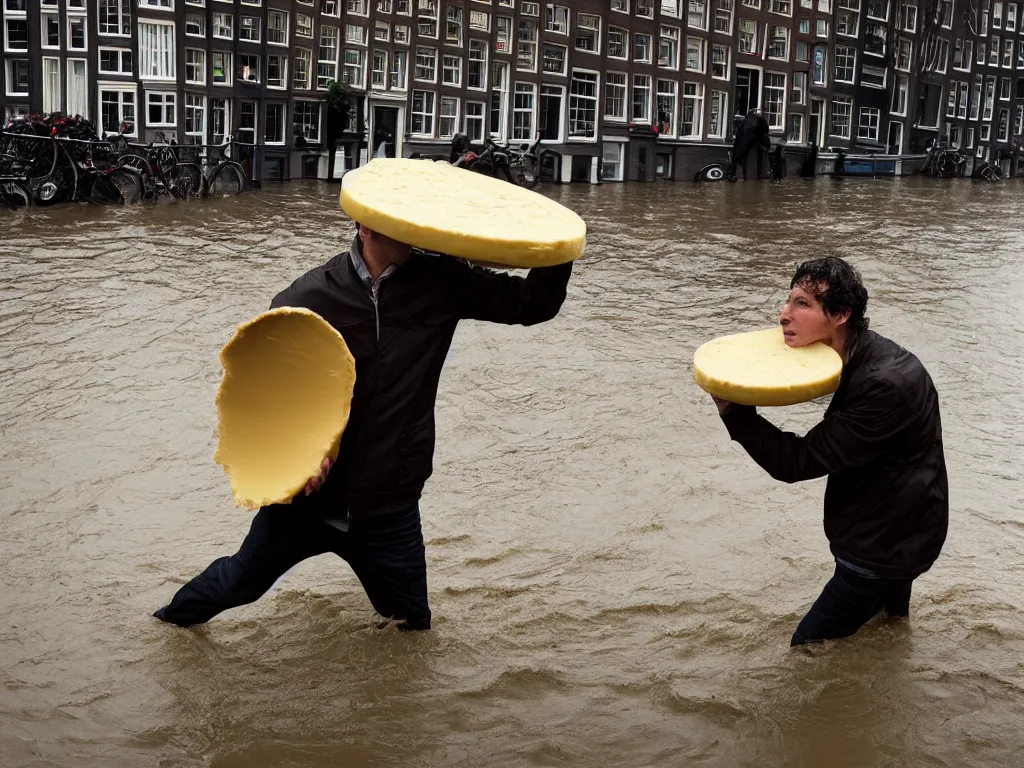 Image similar to closeup potrait of a man carrying a wheel of cheese over his head in a flood in Amsterdam, photograph, natural light, sharp, detailed face, magazine, press, photo, Steve McCurry, David Lazar, Canon, Nikon, focus