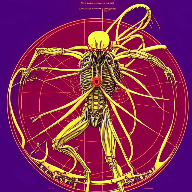 Prompt: full profile of evangelion xenomorph as circular vitruvian man by james jean and moebius, biomechanical, ultra wide angle, full body, no crop, golden ratio, ultra details, in the style of shusei nagaoka