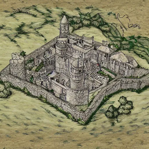 Prompt: art by erebus, castle map seen from above, close up