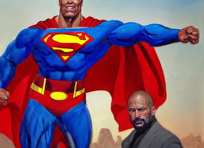 Image similar to a highly detailed beautiful portrait of the rock as superman, by gregory manchess, james gurney, james jean