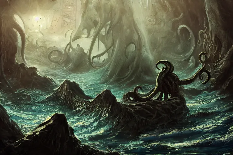 Image similar to cthulhu wandering the davy jones locker, digital painting, mixed media, trending on artstation and deviantart, epic composition, highly detailed, 8 k