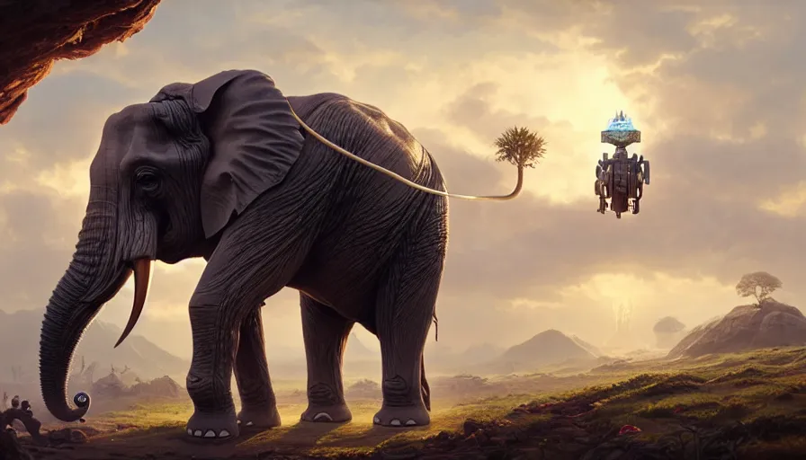 Prompt: a hybrid robot elephant designed by apple on socotra island, artgerm and greg rutkowski and alphonse mucha, an epic fantasy, volumetric light, detailed, trending on art station, octane render, midsommar