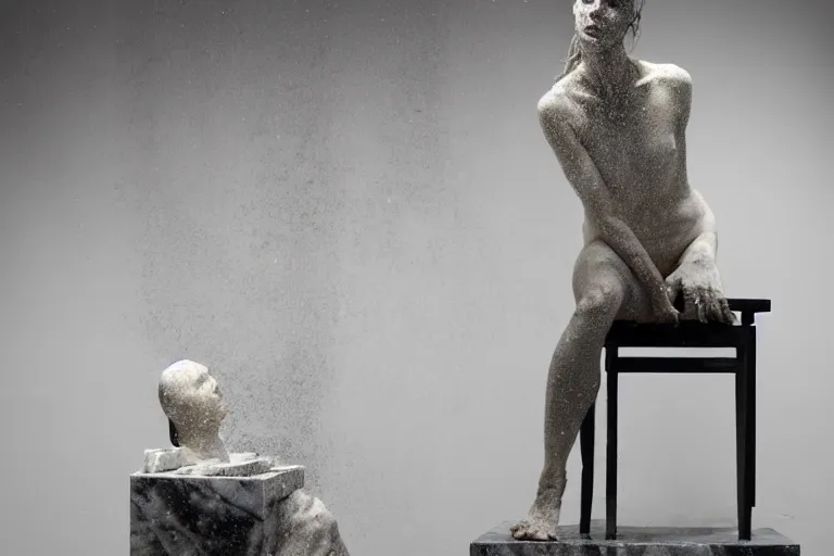 Image similar to a sculpture of a person sitting on top of a chair, a white marble sculpture by nicola samori, behance, neo - expressionism, marble sculpture, apocalypse art, made of mist