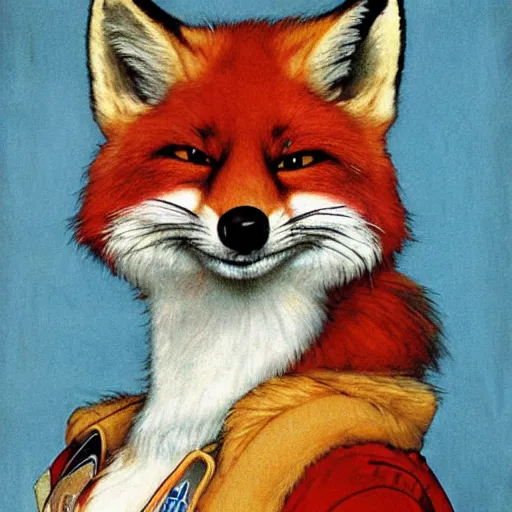 Prompt: upper body portrait of fox mccloud by norman rockwell, furry, anthropomorphic, fox mccloud star fox, norman rockwell