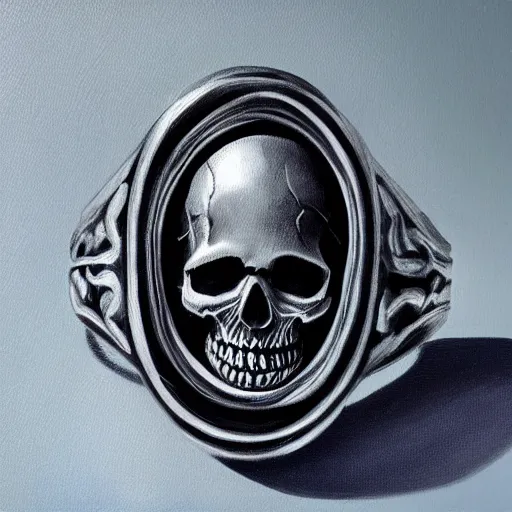 Image similar to platinum ring with a skull. cinematic. intricately detailed acrylic painting