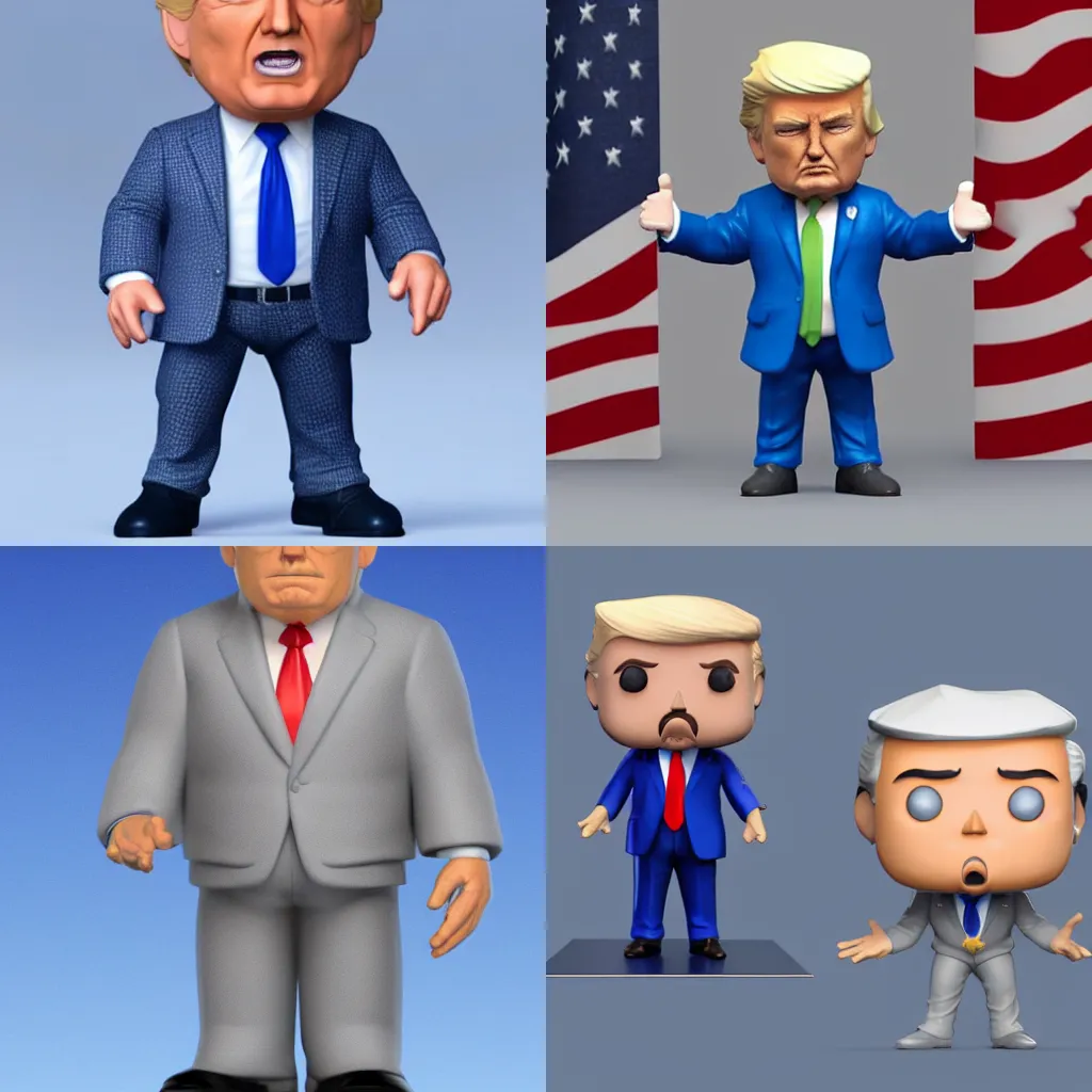 Prompt: full body 3d render of donald trump as a funko pop, studio lighting, grey background, blue suit, middle focus, single person, no shadow, blender, trending on artstation, 8k, highly detailed