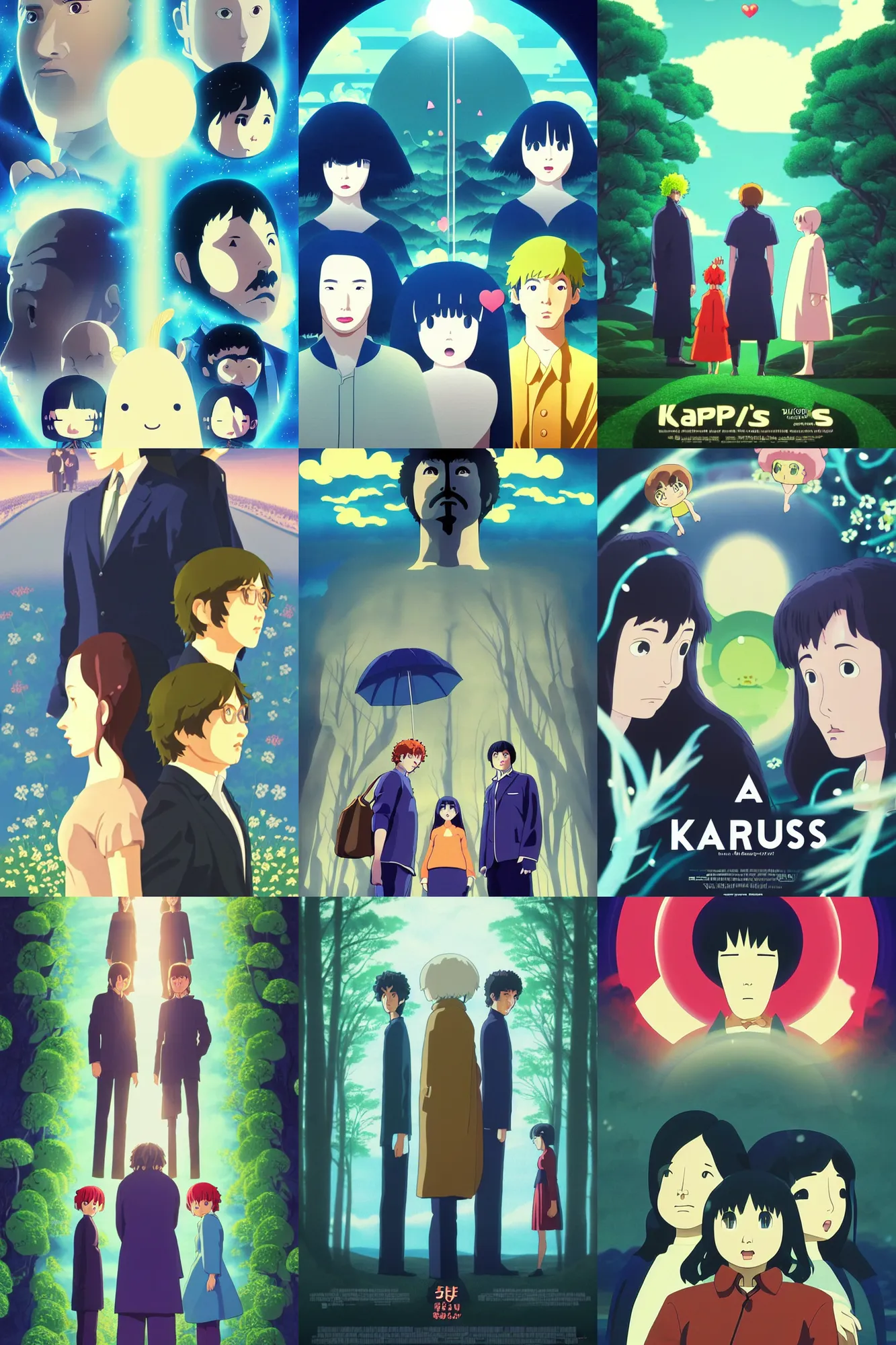 Prompt: a tv show about a tv show solving epic mysteries, Klaus Movie poster, movie still, artwork by Chiho Aoshima, a Rendering illustration of a cinematic beautiful closeup moment of three friends standing facing toward their love, full of details, full view, Matte painting, trending on artstation, Mamoru hosoda