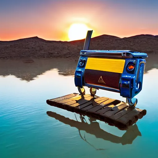 Image similar to 4 k hdr wide angle sony a 7 photo of a shopping cart with a boombox speaker inside half submerged in water in a desert oasis at sunset with neon lighting