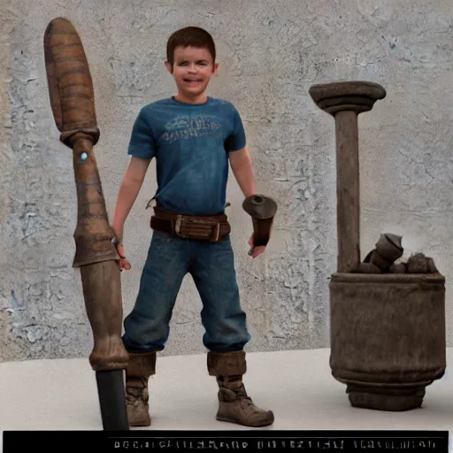 Prompt: realistic 3 d render of blacksmith kid character holding big hammer, unreal engine 5, extremely detailed