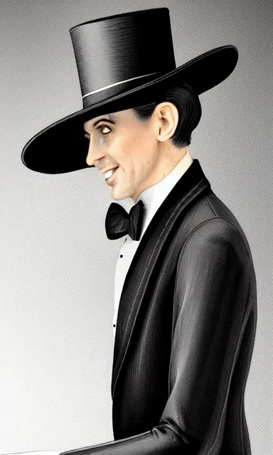 Image similar to ultra realistic photorealistic sepia portrait of a 1 9 2 0 s era smiling, magician, a tall, thin man, well dressed, slicked - back black hair, long - tailed tuxedo coat, black bow tie, walking stick and top hat, trending on artstation, illustration, digital painting, highly detailed render