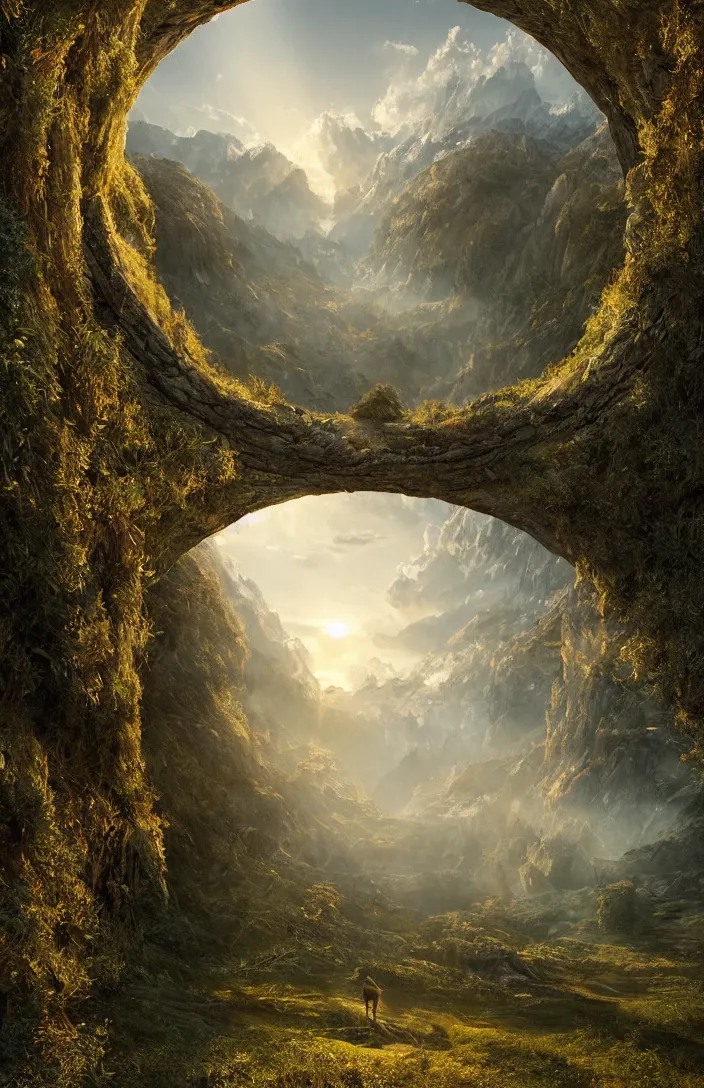 Image similar to a highly detailed light portal within a swiss landscape, detailed, hyperreal phantastic, intricate details in environment, luminance, golden ratio, high aestehtic, cinematic light dramatic light, godrays, distance, photobash, wideangle, terrence malick, hyperreal 4 k