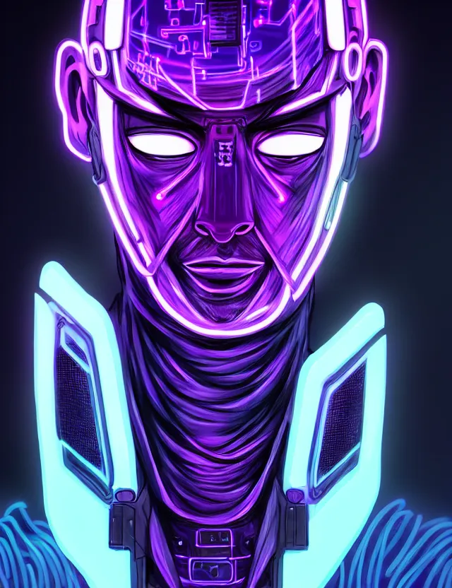 Image similar to a detailed manga portrait of a black haired man with a cybernetic body and face mask with glowing neon purple lights, trending on artstation, digital art, 4 k resolution, detailed, high quality, sharp focus, hq artwork, coherent, insane detail, character portrait