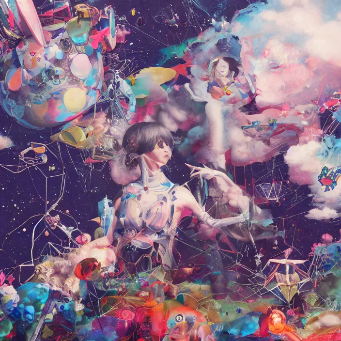 Prompt: surreal gouache painting, by yoshitaka amano, by ruan jia, by conrad roset, by kilian eng, by good smile company, incredibly detailed, of floating molecules and a mannequin artist holding an icosahedron with stars, clouds, and rainbows in the background, cgsociety, artstation, modular patterned mechanical costume and headpiece