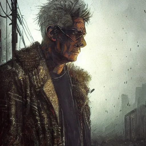 Image similar to cyberpunk, closeup portrait of a shaggy old cyberpunk fence, bald, tired eyes, tattered tweed jacket, dramatic light, city background, sunset, dystopian setting, high contrast, sharp, neuromancer, the finn, painted by stanley lau, painted by greg rutkowski, painted by stanley artgerm, digital art, trending on artstation