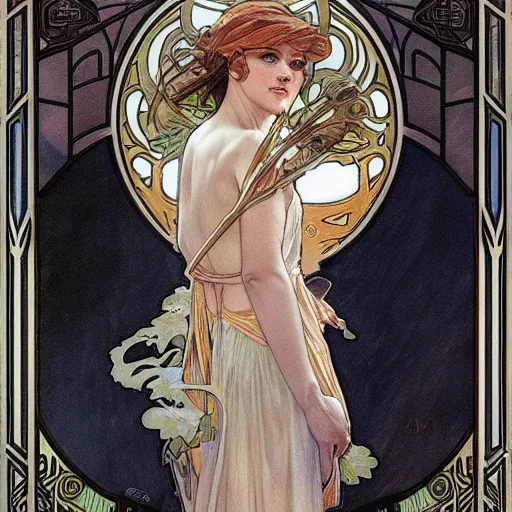 Image similar to amazing lifelike award winning pencil illustration of alphonse mucha trending artgerm greg rutkowski alphonse mucha cinematic