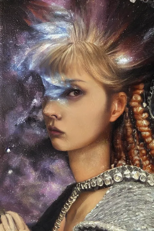 Image similar to hyperrealism oil painting, close - up portrait of european medieval fashion model, knight, steel gradient mixed with nebula sky, in style of baroque mixed with 7 0 s japan book art