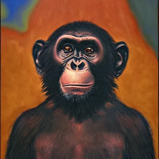 Image similar to portre of an autistic demonic chimpanzee on acid, masonic and kabalistic symbols in background, oil painting