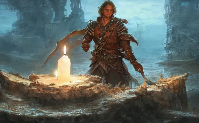 Image similar to concept art of a swashbuckler holding a candle holder discovering a sunken city, wearing a cape, on a ship, highly detailed, digital art, illustration, artstation, very detailed, 4 k