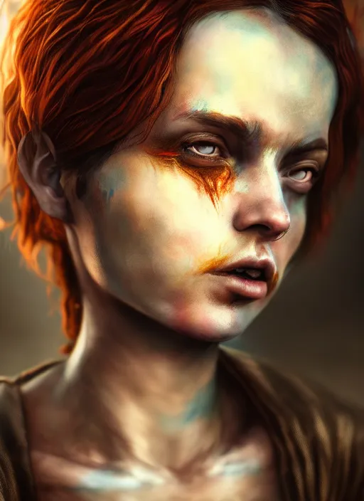 Image similar to an epic fantasy comic book style portrait painting of a girl with short dirty brown straggly hair, low lethargic insouciance voice with a drawl wearing a ragged dress, unreal 5, daz, hyperrealistic, octane render, cosplay, rpg portrait, dynamic lighting