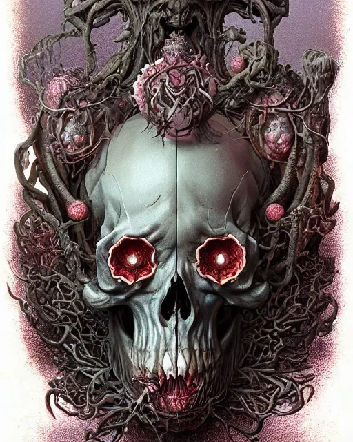 Image similar to a beautiful detailed front view of a dead rotten skull with ornate growing around, ornamentation, sculpture, elegant, beautifully soft lit, by wayne barlowe, peter mohrbacher, kelly mckernan