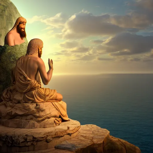 Prompt: a stunning 3 d render of a jesus and buddah and fredrick nietzsche meditating on a cliff facing away from the camera watching the sunrise over the ocean, turbulent ocean in the background, intricate, elegant, highly detailed, artstation, ultra sharp focus, octane render, volumetric lighting, in a neoclassical and baroque style