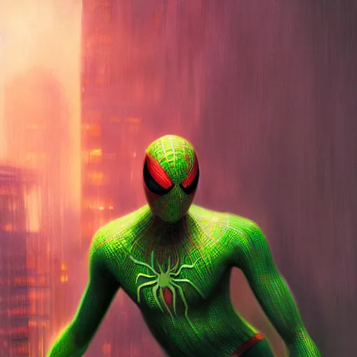 Image similar to moody atmospheric render of an orange and green spiderman by leon tukker