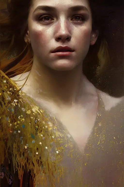 Image similar to hyperrealist portrait of a girl emperorit is decorated with long robes that fall like stars. by jeremy mann and alphonse mucha, fantasy art, photo realistic, dynamic lighting, artstation, poster, volumetric lighting, very detailed faces, 4 k, award winning