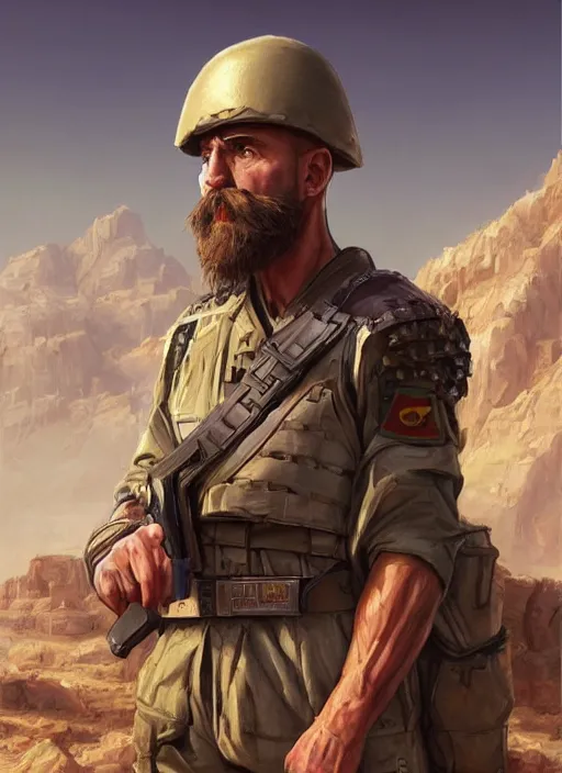 Prompt: purple scene lighting, detailed character portrait concept art, white male, strong muscular mature, soldier with beard, short hair, in a soldier uniform, desert with city in the background, sharp focus, illustration, highly detailed, digital painting, concept art, matte, art by wlop and artgerm and greg rutkowski, masterpiece