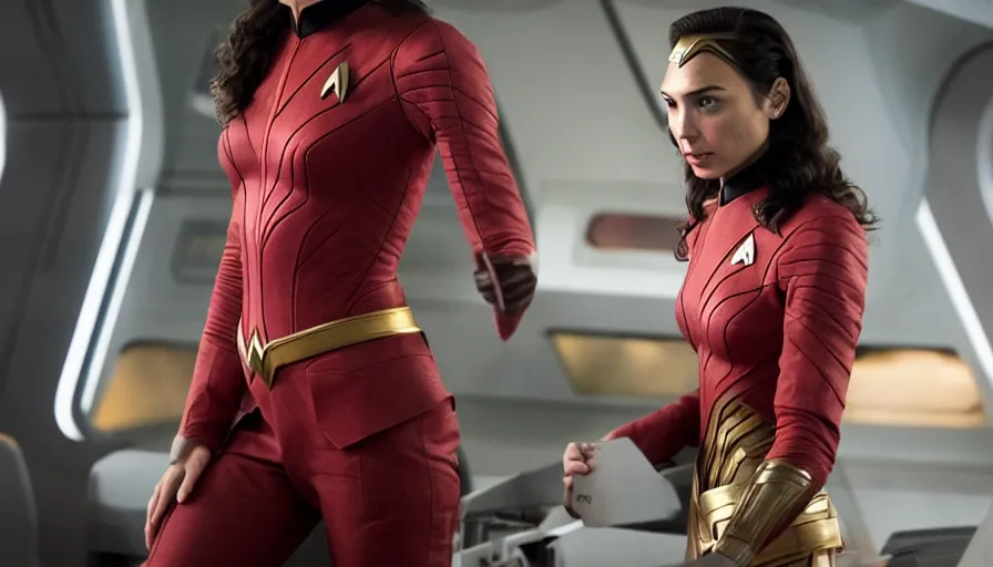 Image similar to Gal Gadot, wearing command red, is the captain of the starship Enterprise in the new Star Trek movie