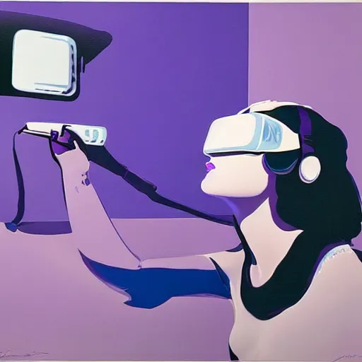Prompt: dream art of a woman playing with a vr headset in a blue and purple lit room art by syd mead