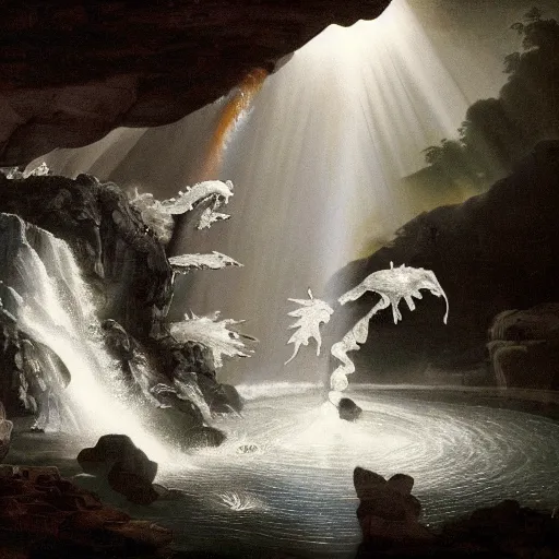 Prompt: oil painting of a dragon with black and white stripes flying in the air near a cave with a waterfall in the center, light emanating from the waterfall leading to a big pool of water, elegant, sharp focus, wide shot, clear, detailed, early renaissance