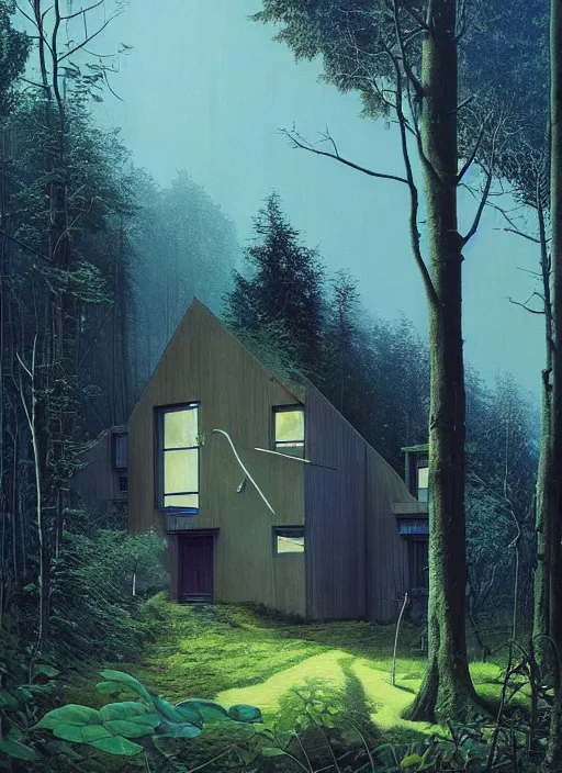 Image similar to hyper realistic witchy modern house with mood lighting and tech in the woods gorgeous lighting, blue sky, highly detailed, lush forest foliage painting by zdzisław beksinski and norman rockwell and greg rutkowski weta studio, and lucasfilm