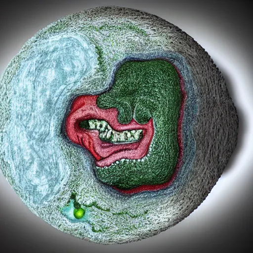 Image similar to claymation of a diagram of the Earth as a human face screaming