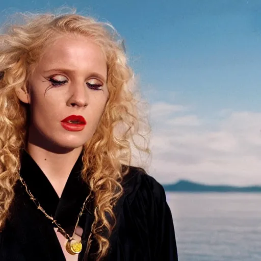 Image similar to a blonde woman in a black robe lying on the deck of a ship, a beautiful english woman with a long face narrow nose pale skin blue eyes red lips and wild messy tangles of curly white blonde hair, high resolution film still wearing a black robe and skull necklace and holding a spear, sandy, a journey to the west