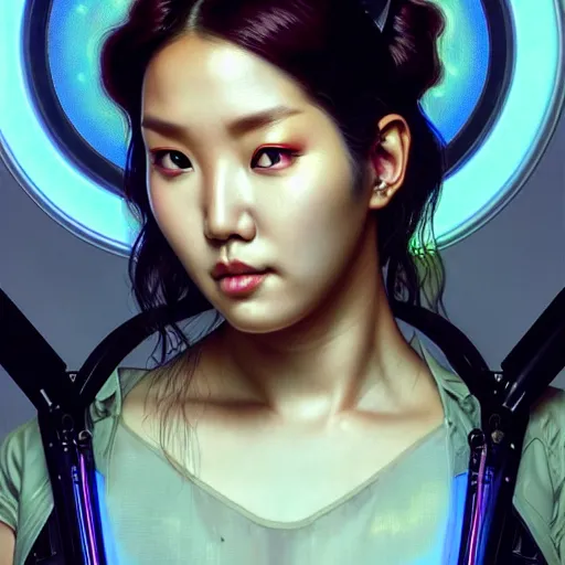 Prompt: portrait painting of hwasa as a cyberpunk technician with a halo and devil horns, ultra realistic, concept art, intricate details, eerie, highly detailed, photorealistic, octane render, 8 k, unreal engine. art by artgerm and greg rutkowski and magali villeneuve and alphonse mucha