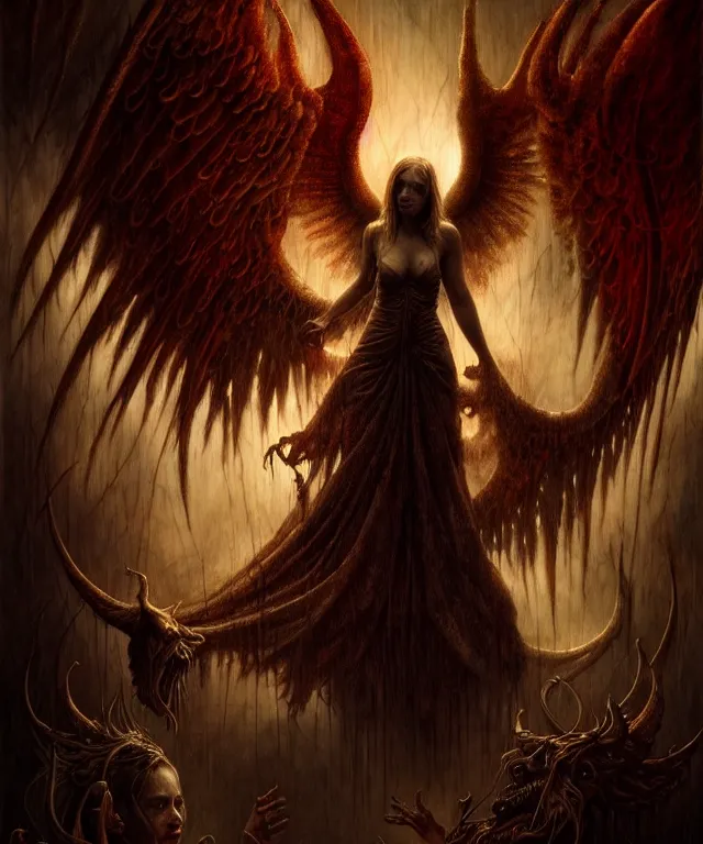 Image similar to epic professional digital art of angels and demons, horrific yet beautiful vibe, evocative, atmospheric lighting, painted, intricate, highly detailed, by leesha hannigan, wayne haag, reyna rochin, ignacio fernandez rios, mark ryden, iris van herpen, artstation, cgsociety, stunning, gorgeous, sharp focus, cinematic, masterpiece