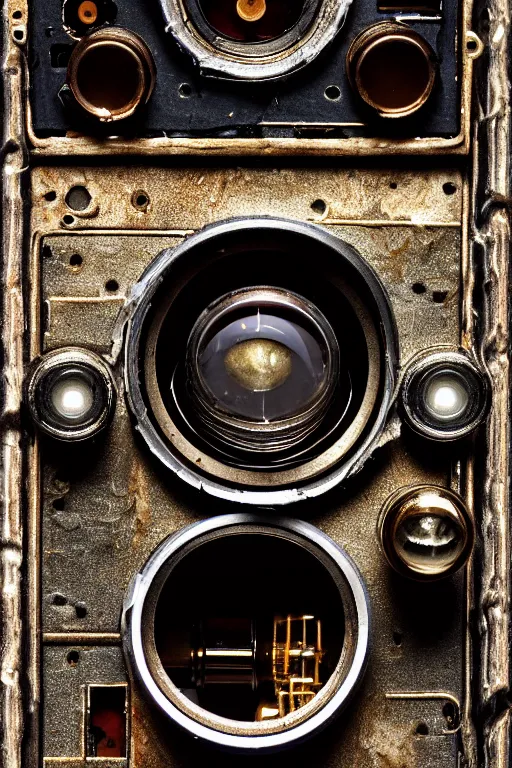 Prompt: A photo of a very old opened camera with film, vacuum tubes, capacitors and coils inside by Richard Kuiper and Steve McCurry, grungy, weathered Ultra detailed, hyper realistic, 4k