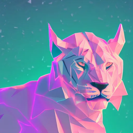 Image similar to aesthetic albino liger fursona portrait, commission of a anthropomorphic lion on fire, fursona wearing vaporwave stylish clothes, winter armosphere, pastel simple art, low poly