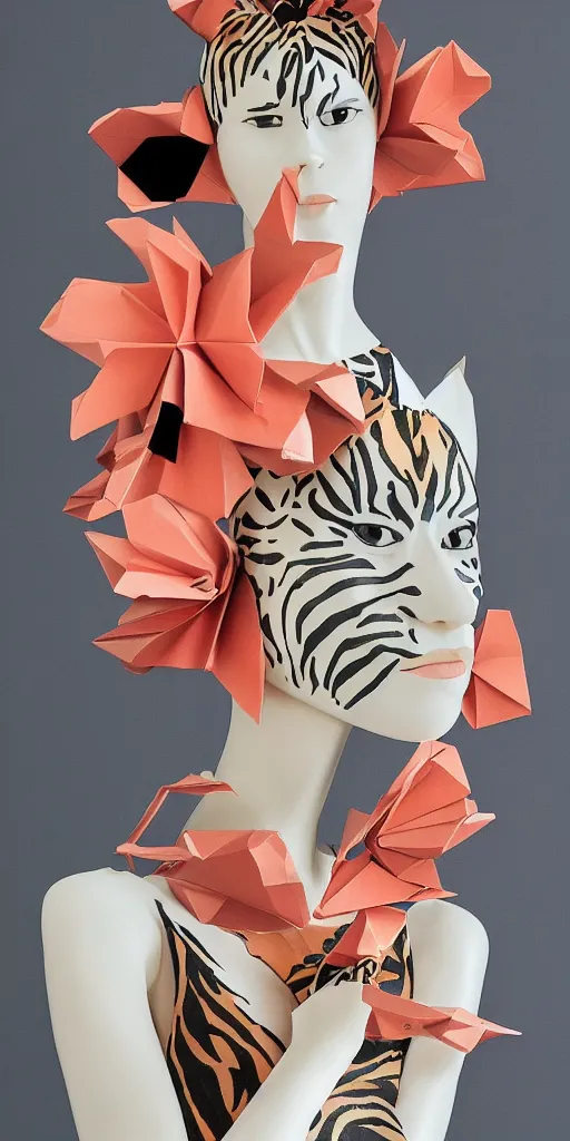 Image similar to portrait of a beautiful ceramic female tiger model wearing sakura and peach ( ( origami themed paper flower ) ) and metallic shapes haute couture by issey miyake