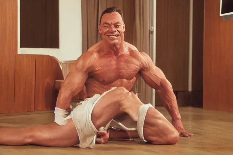 Image similar to hyperrealistic Jean Claude Vandamme doing the splits, spread eagle between two chairs over a toilet, golden hour, smiling, award winning