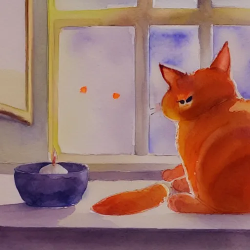 Prompt: A fat, cute orange cat in a beautiful room, cozy, watercolor on paper by CARY KWOK, details, lights, beautiful, 4K, 8K