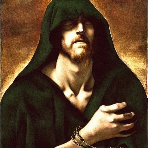 Prompt: a man wearing long pale shadowy cloak, golden chains, face covered by shadow, ominous, oil painting, high detail, painted by michelangelo