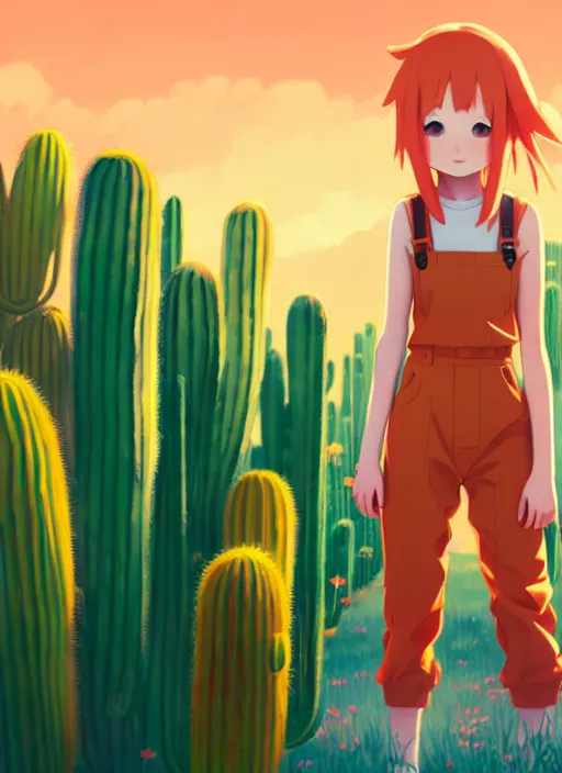 Image similar to portrait of cute redhead girl in orange jumpsuit with fox ears, holding a cactus, cloudy sky background lush landscape illustration concept art anime key visual trending pixiv fanbox by wlop and greg rutkowski and makoto shinkai and studio ghibli