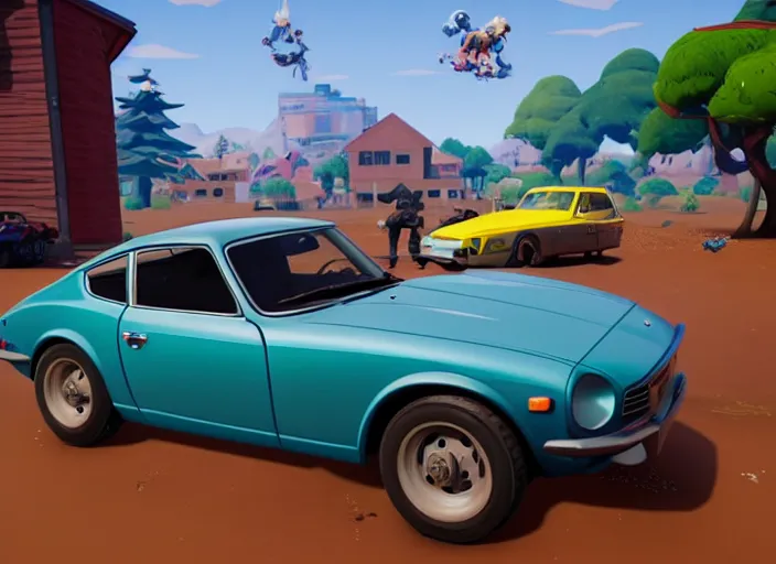 Image similar to a cartoon 1 9 7 0 datsun 2 4 0 z in fortnite, unreal engine