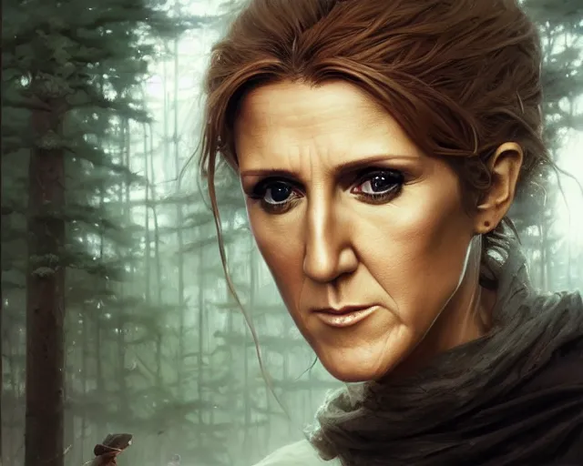 Image similar to highly detailed portrait of celine dion, in the walking dead, stephen bliss, unreal engine, fantasy art by greg rutkowski, loish, rhads, ferdinand knab, makoto shinkai and lois van baarle, ilya kuvshinov, rossdraws, tom bagshaw, global illumination, radiant light, detailed and intricate environment