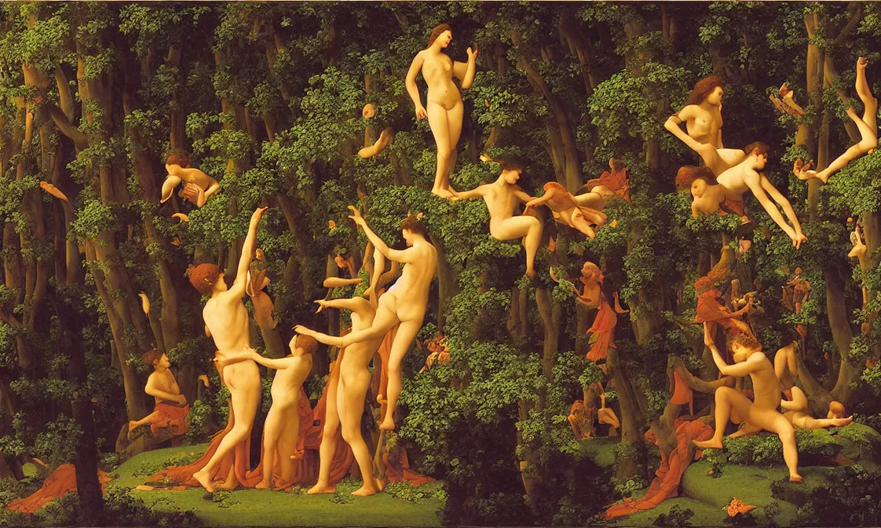 Prompt: dawn of a classical tableau in arcadia, art by james c. christensen and maxfield parrish and nicolas poussin