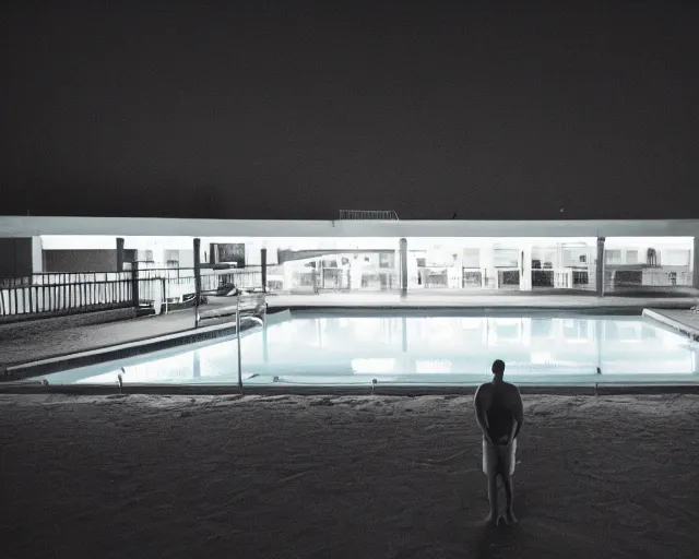 Prompt: photo of a man standing next to a swimming pool outside a motel with a neon sign in the desert at night, cinematic, in the style of edward hopper