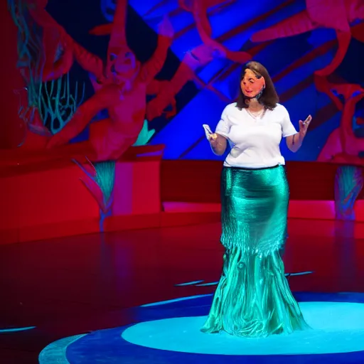 Prompt: a corporate mermaid giving a Ted Talk