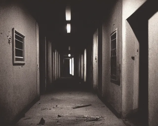 Prompt: dark abandoned hallway at night, bright eyes in shadows, letterboxing, widescreen, 40mm tape, technicolour film,