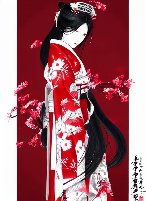 Image similar to character design, red and white kimono, samurai, dark long hair, princess cut hairstyle ， beautiful, elegant, symmetrical face, long legs, regular feet, big katana, full body, wisteria trees, realistic, uhd, unreal engine, detailed